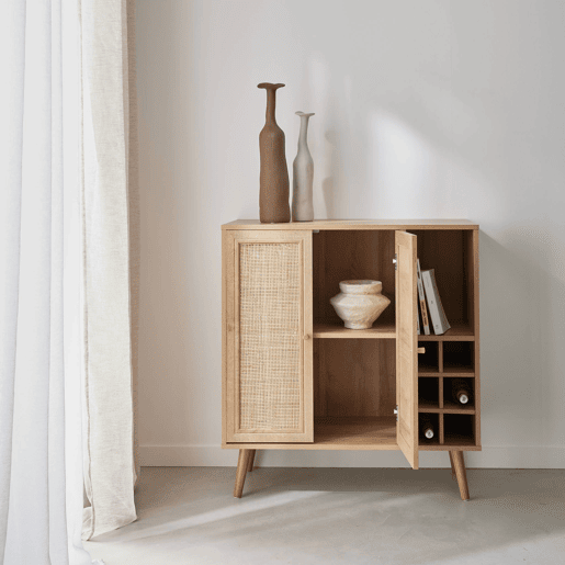 Aparador com suporte para garrafas, decoração em vime e madeira, 83cm, Boheme, Natural, 83x39x88.5 cm