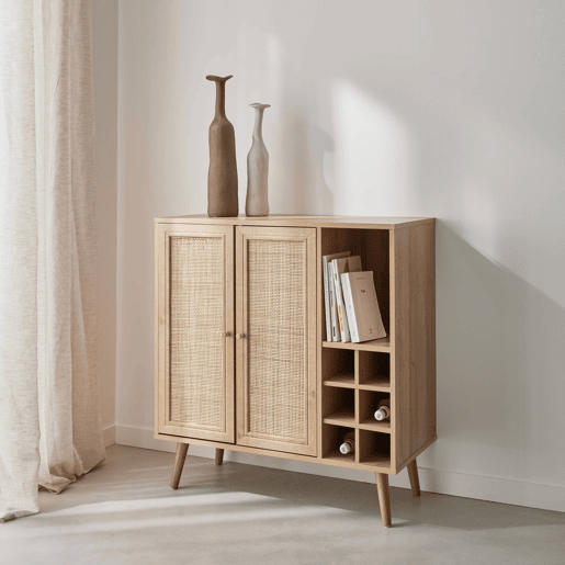 Aparador com suporte para garrafas, decoração em vime e madeira, 83cm, Boheme, Natural, 83x39x88.5 cm