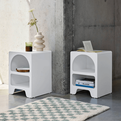 Mesa de cabeceira com efeito de madeira branca, set de 2, Thessa, Branco, 40x40x55 cm