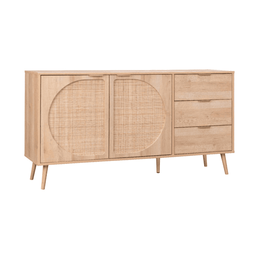 Aparador em madeira e cana, 2 portas e 3 gavetas, 150cm, Eva, Natural, 150x39x79 cm