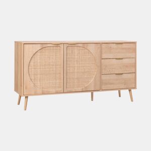 Aparador em madeira e cana, 2 portas e 3 gavetas, 150cm, Eva, Natural, 150x39x79 cm
