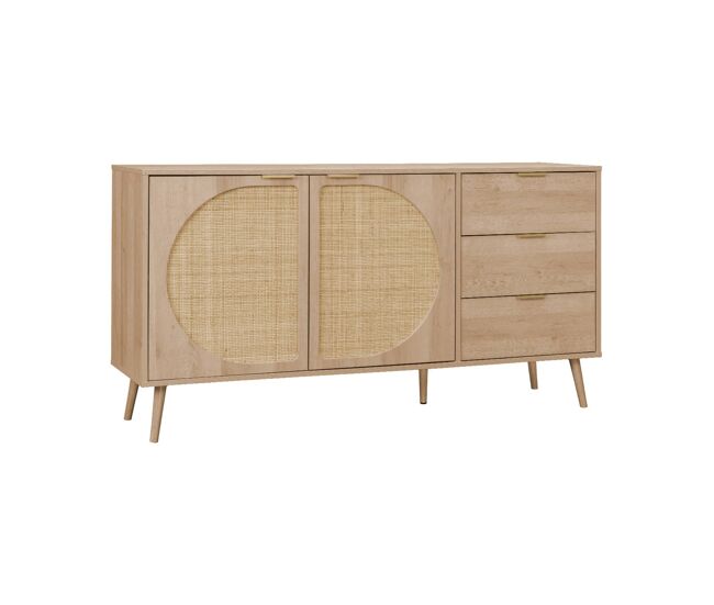 Aparador efecto madera de 2 puertas y 3 cajones, 150cm natural - 150x39x79 cm