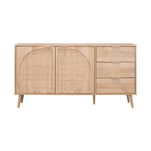 Aparador em madeira e cana, 2 portas e 3 gavetas, 150cm, Eva, Natural, 150x39x79 cm