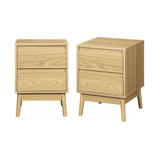Mesa de cabeceira com efeito madeira, 2 gavetas, set de 2, Dune, Natural, 40x40x56 cm