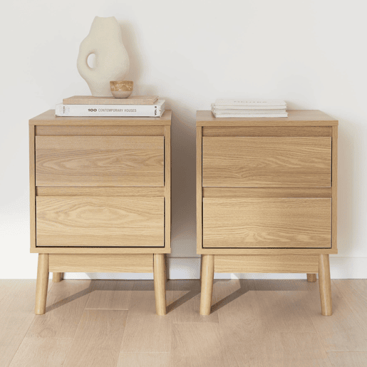 Mesa de cabeceira com efeito madeira, 2 gavetas, set de 2, Dune, Natural, 40x40x56 cm