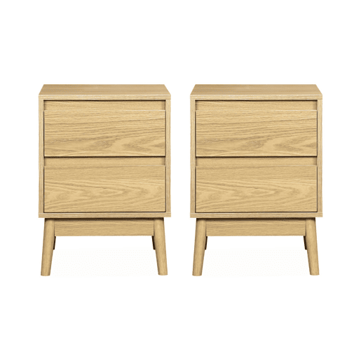 Mesa de cabeceira com efeito madeira, 2 gavetas, set de 2, Dune, Natural, 40x40x56 cm