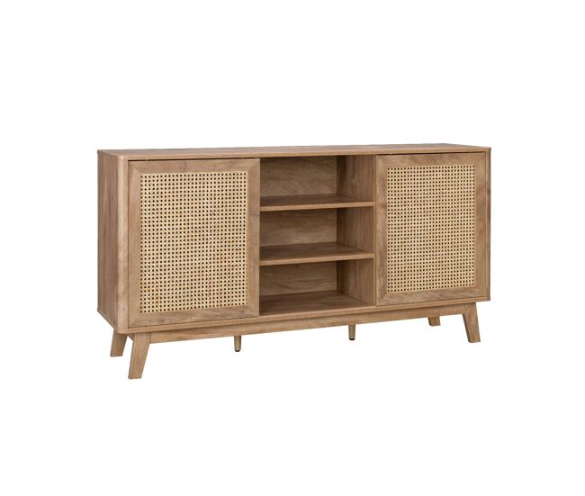Aparador con 2 puertas correderas y estantes efecto madera y caña, 150cm natural - 150x39x79 cm