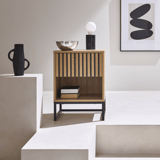 Mesa de cabeceira contemporâneo com efeito de madeira, Lisbonne, Natural, 40x40x55 cm