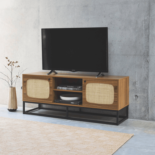 Móvel de TV com efeito madeira e cana arredondada, 140cm, Retro, Natural, 140x40x55 cm