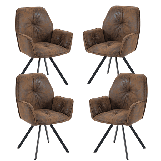 Conjunto de 4 cadeiras de jantar giratórias 360° Poltrona com costas e braços Assento forrado a camurça, castanho, 60x62.5x87.5cm