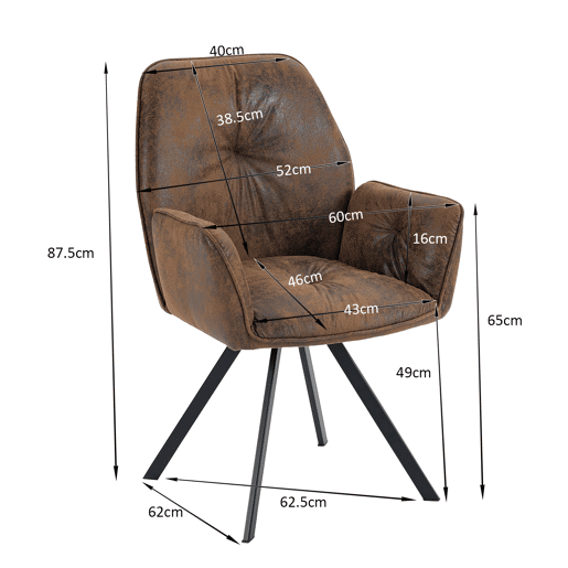 Conjunto de 4 cadeiras de jantar giratórias 360° Poltrona com costas e braços Assento forrado a camurça, castanho, 60x62.5x87.5cm
