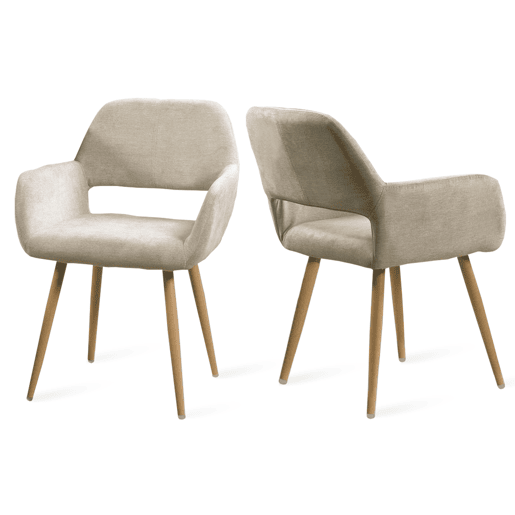 Conjunto de 2 cadeiras de cozinha Cadeiras de jantar - Poltrona estofada em tecido bege - Estilo escandinavo - Efeito madeira Pernas metálicas estáveis