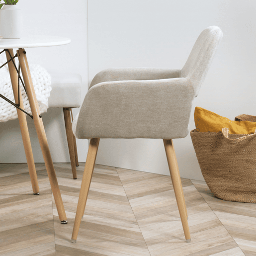 Conjunto de 2 cadeiras de cozinha Cadeiras de jantar - Poltrona estofada em tecido bege - Estilo escandinavo - Efeito madeira Pernas metálicas estáveis