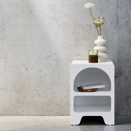 Mesa de cabeceira com efeito de madeira branca, 2 nichos, Thessa, Branco, 40x40x55 cm
