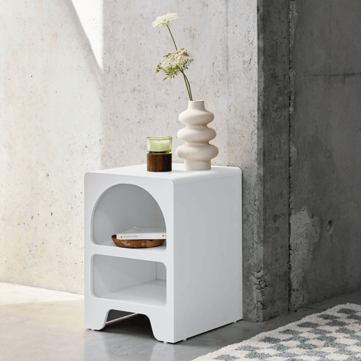 Mesa de cabeceira com efeito de madeira branca, 2 nichos, Thessa, Branco, 40x40x55 cm