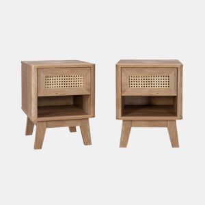 Mesa de cabeceira em madeira e efeito cana com gaveta e nicho, set de 2, Mani, Natural, 39x39x49 cm