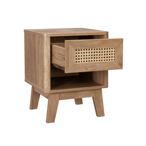 Mesa de cabeceira em madeira e efeito cana com gaveta e nicho, set de 2, Mani, Natural, 39x39x49 cm