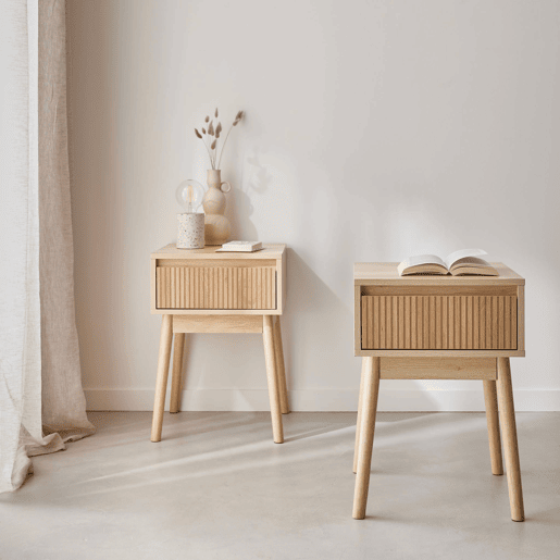 Mesas de cabeceira com uma gaveta, set de 2, Linear, Natural, 39x39x55.4 cm