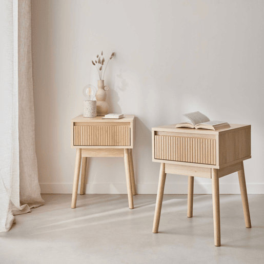 Mesas de cabeceira com uma gaveta, set de 2, Linear, Natural, 39x39x55.4 cm