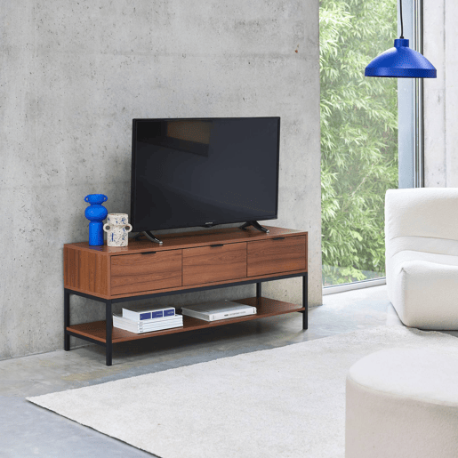 Móvel de TV em nogueira com 3 gavetas, Walnut, Madeira de nogueira, 130x40x53.5 cm