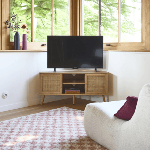 Móvel de TV, efeito de madeira e cana de 2 portas, 115cm, Boheme, Natural, 115x55x56 cm