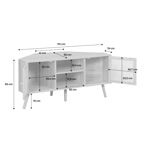 Móvel de TV, efeito de madeira e cana de 2 portas, 115cm, Boheme, Natural, 115x55x56 cm