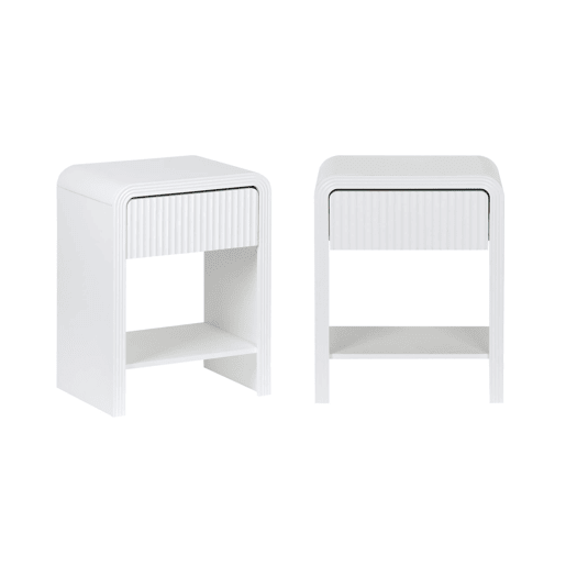 Mesa de cabeceira com efeito madeira ranhurada, set de 2, Julia, Branco, 40x30x53 cm