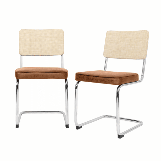 Cadeira cantilever em tecido e efeito rattan, set de 2, Maja, Castanho, 46x54.5x84.5 cm