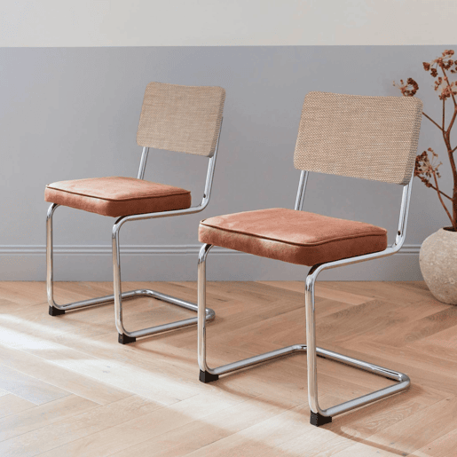 Cadeira cantilever em tecido e efeito rattan, set de 2, Maja, Castanho, 46x54.5x84.5 cm
