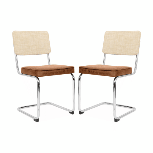 Cadeira cantilever em tecido e efeito rattan, set de 2, Maja, Castanho, 46x54.5x84.5 cm