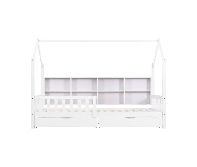 Cama infantil,cama cabaña de madera maciza 90x200cm con 2 cajones et protección contra caídas,blanco