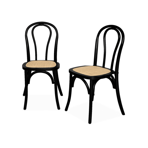 Vintage cadeira de madeira e rattan, set de 2, Bastille, Preto, 49.5x48x90 cm