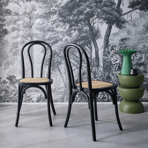 Vintage cadeira de madeira e rattan, set de 2, Bastille, Preto, 49.5x48x90 cm