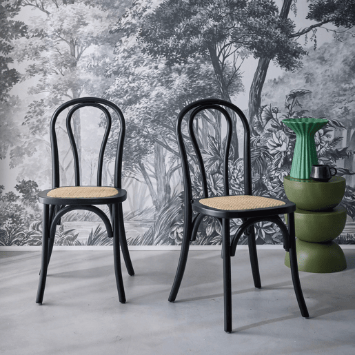 Vintage cadeira de madeira e rattan, set de 2, Bastille, Preto, 49.5x48x90 cm