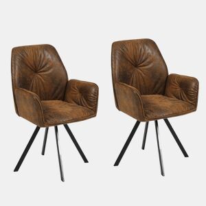 Conjunto de 2 cadeiras de jantar giratórias 360° Poltrona com costas e braços Assento forrado a camurça, castanho, 62x62.5x87.5cm