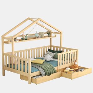 Cama de criança,cama-casa de madeira de pinho 90x200cm com 2 gavetas,natural