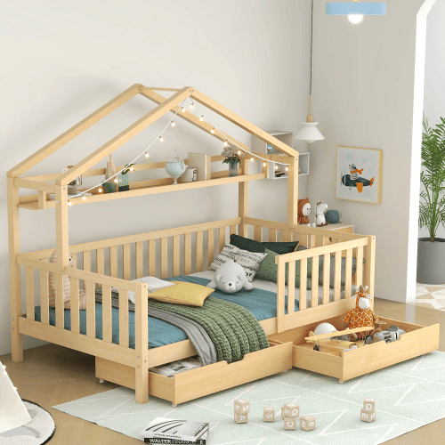 Cama de criança,cama-casa de madeira de pinho 90x200cm com 2 gavetas,natural