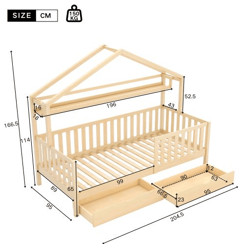 Cama de criança,cama-casa de madeira de pinho 90x200cm com 2 gavetas,natural