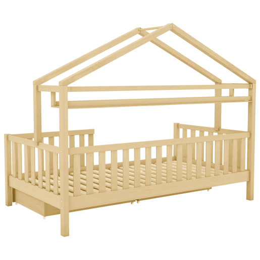 Cama de criança,cama-casa de madeira de pinho 90x200cm com 2 gavetas,natural