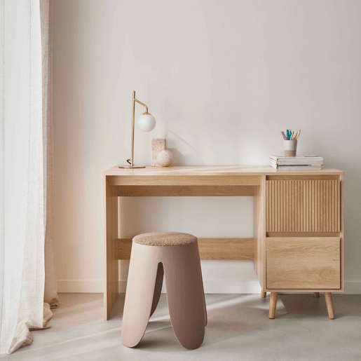 Mesa escandinava de madeira com 2 gavetas, Linear, Natural, 120x48x75 cm