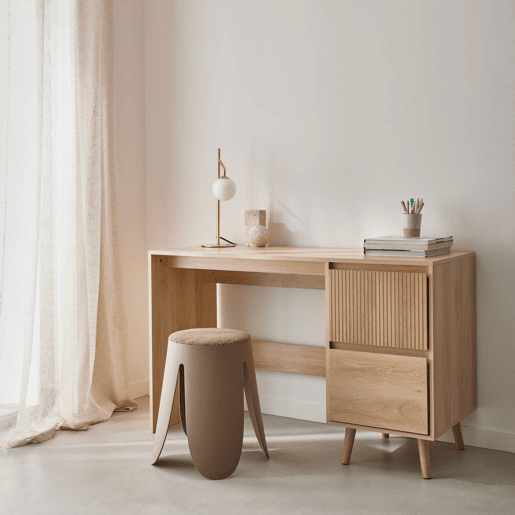Mesa escandinava de madeira com 2 gavetas, Linear, Natural, 120x48x75 cm