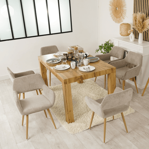 Conjunto de 6 cadeiras de jantar poltrona assento estofado em tecido, pernas em metal com efeito madeira, estilo escandinavo, bege