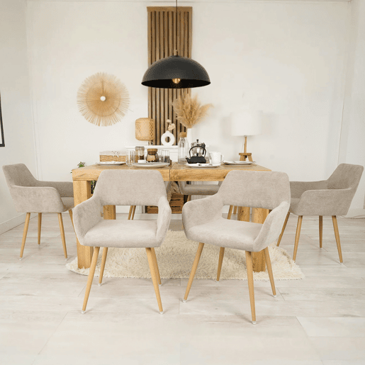Conjunto de 6 cadeiras de jantar poltrona assento estofado em tecido, pernas em metal com efeito madeira, estilo escandinavo, bege