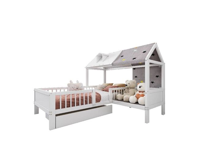 Cama infantil,cama cabaña de madera maciza 90x200cm con 1 cajón,silla,tela de tienda,almohada y protección contra caídas,blanco