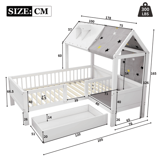 Cama de criança,cama-casa de madeira maciça 90x200cm com 1 gaveta,branco