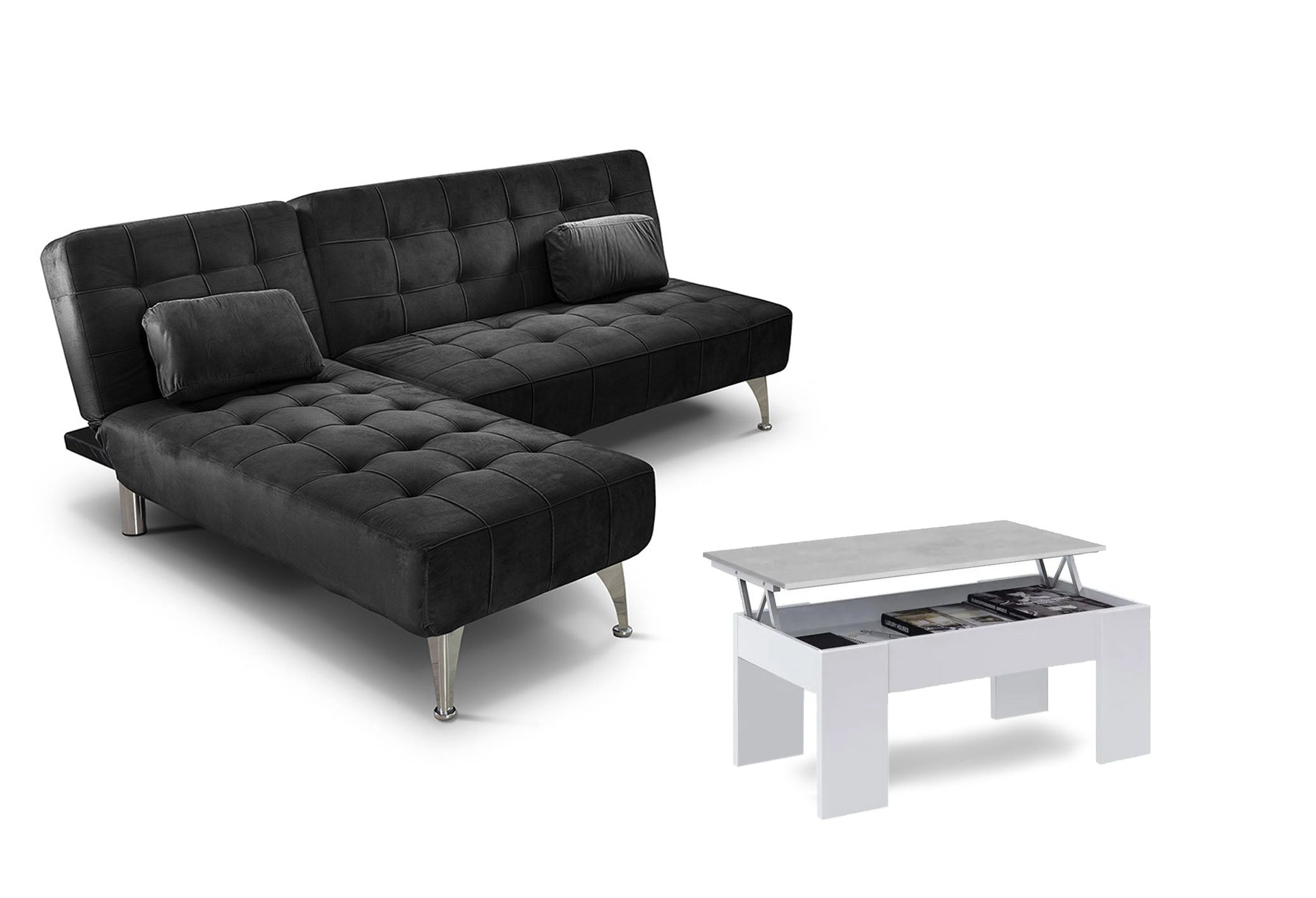 Oferta: Sofa Cama Chaise Longue XS + Mesa de Centro Elevable Negro