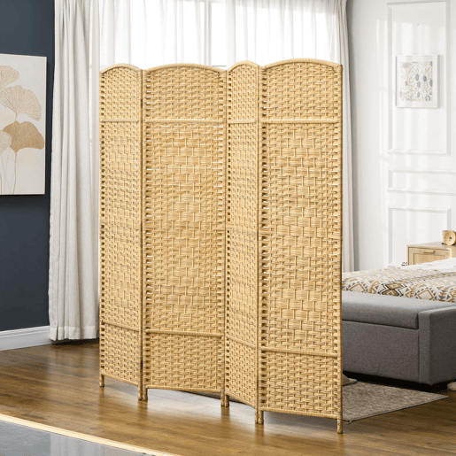 HOMCOM Biombo Dobrável de 4 Painéis Divisor de Ambientes 180x180 cm Ecrã de Privacidade de Polipropileno para Escritório Quarto Madeira