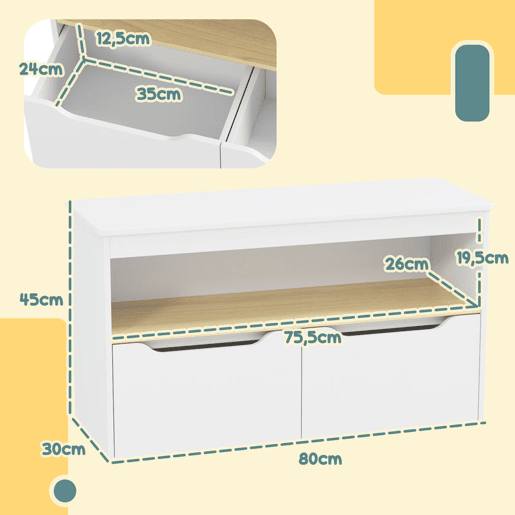AIYAPLAY Organizador de Brinquedos Móvel de Arrumação Infantil com 2 Gavetas e Compartimento para Dormitório Sala de Jogos 80x30x45 cm Branco
