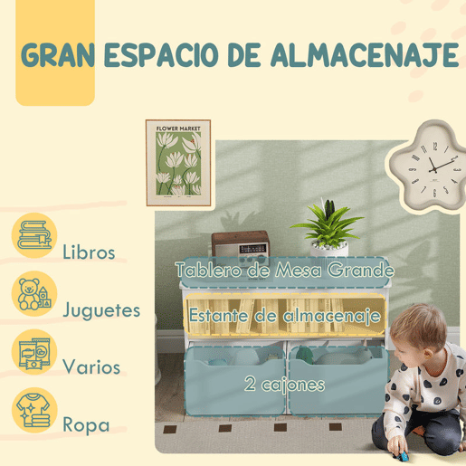 AIYAPLAY Organizador de Brinquedos Móvel de Arrumação Infantil com 2 Gavetas e Compartimento para Dormitório Sala de Jogos 80x30x45 cm Branco