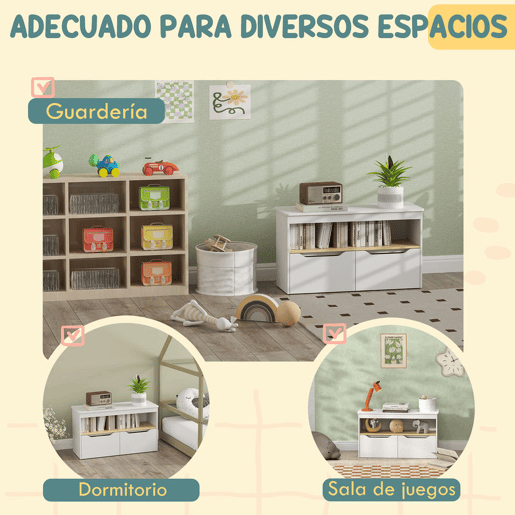 AIYAPLAY Organizador de Brinquedos Móvel de Arrumação Infantil com 2 Gavetas e Compartimento para Dormitório Sala de Jogos 80x30x45 cm Branco